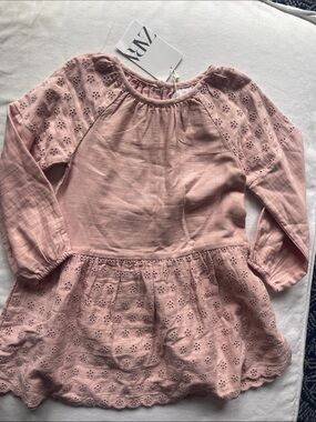 NWT Zara Girls Dusty Pink Eyelet Peasant Dress Size 4-5